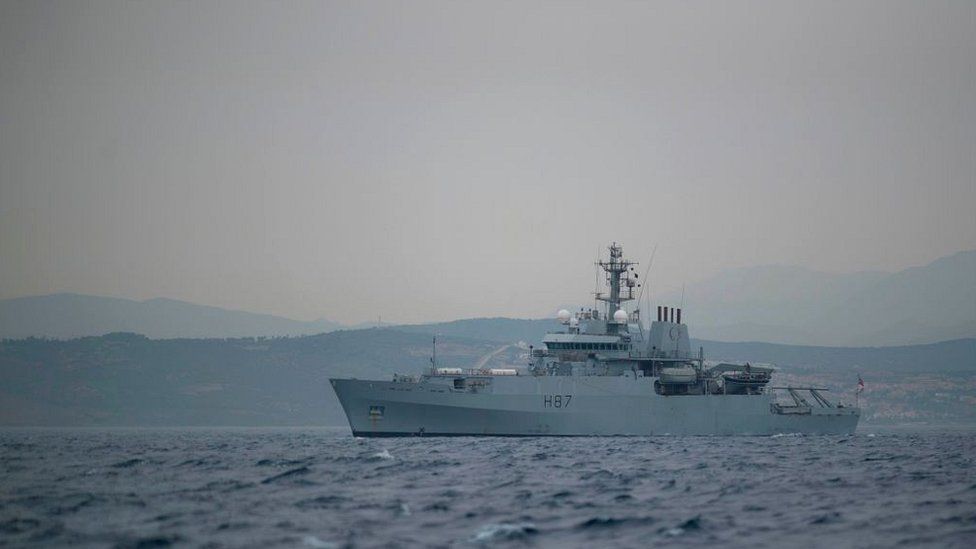 A British Royal Navy ship, the HMS Echo (H87), patrols near the supertanker Grace 1 off the coast of Gibraltar on July 6, 2019