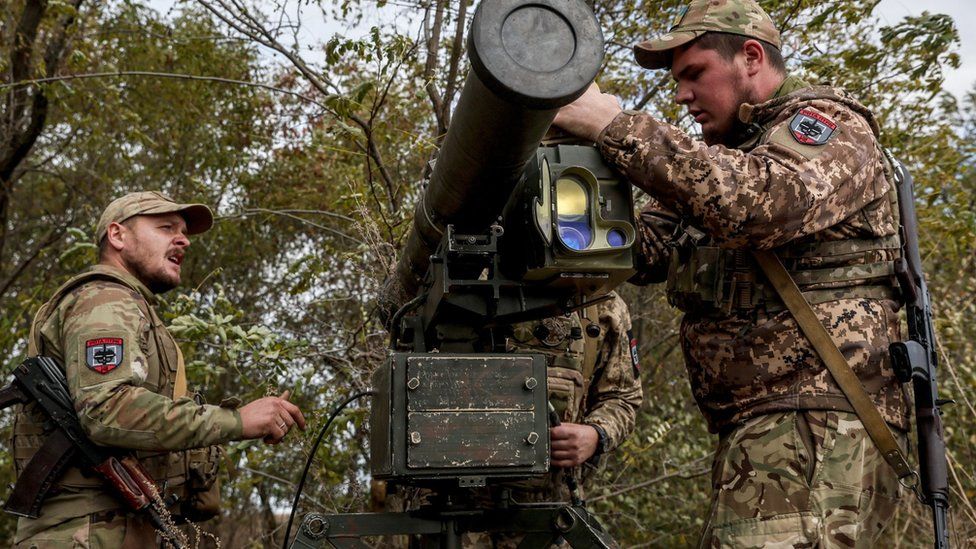 Ukrainian servicemen install a 'Skif' anti-tank guided missile (ATGM) system at an undisclosed location in the Zaporizhzhia region