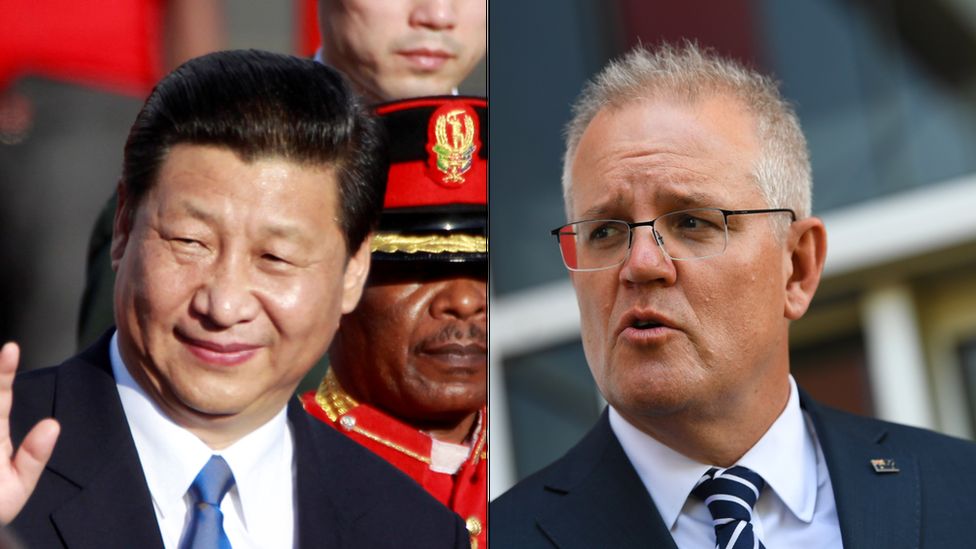 A composite image of Xi Jinping and Scott Morrison