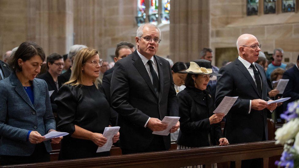 Image shows Australia PM Scott Morrison at the commemorative service