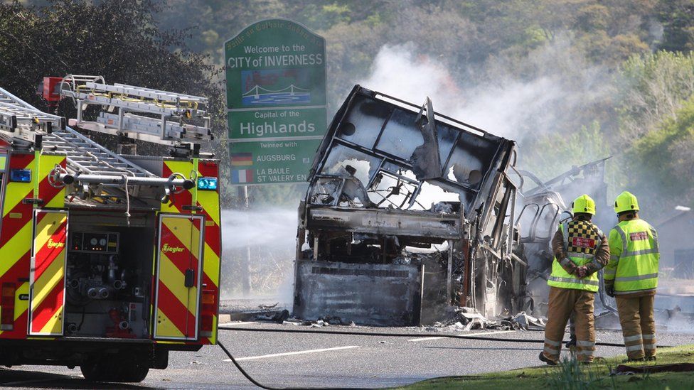 Double decker bus destroyed in fire on A82 in Inverness - BBC News