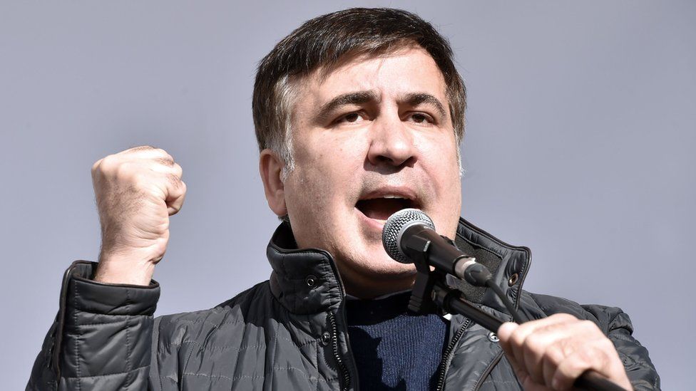 Ukrainian politician Mikheil Saakashvili delivers a speech during an opposition rally in front of the Ukrainian parliament in Kiev on October 22, 2017.