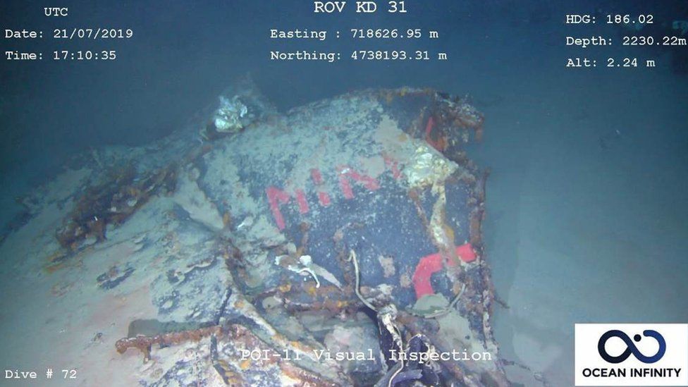 A handout photo made available by the French Navy and the Defense Ministry shows an underwater image of part of a wreckage of the Minerva submarine as seen from a Remotely Operated underwater Vehicle (ROV), off the coast of Toulon, France, 21 July 2019
