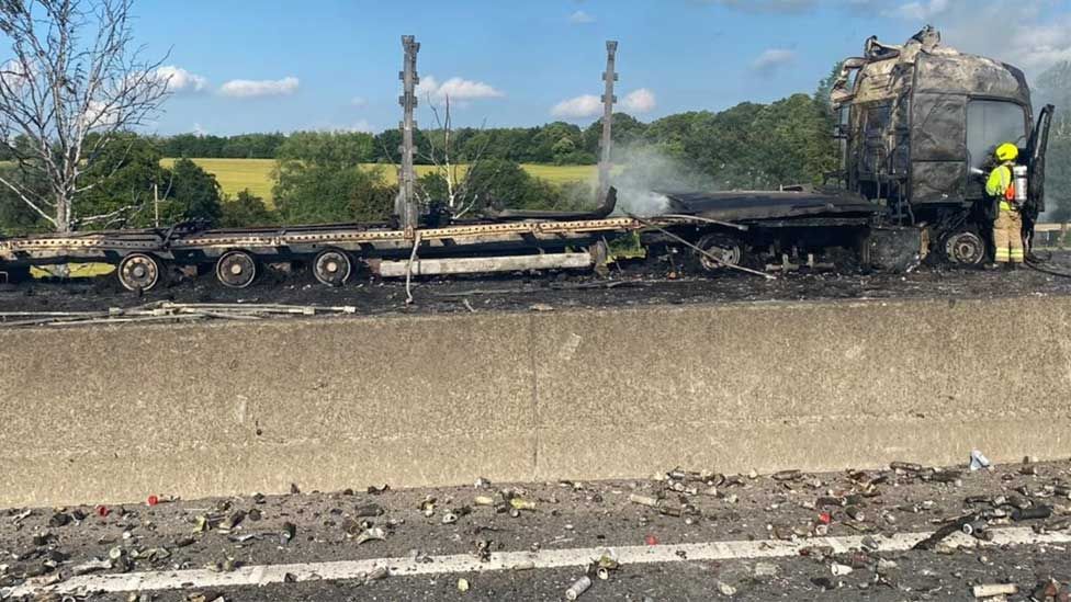 Aftermath of lorry fire, M11