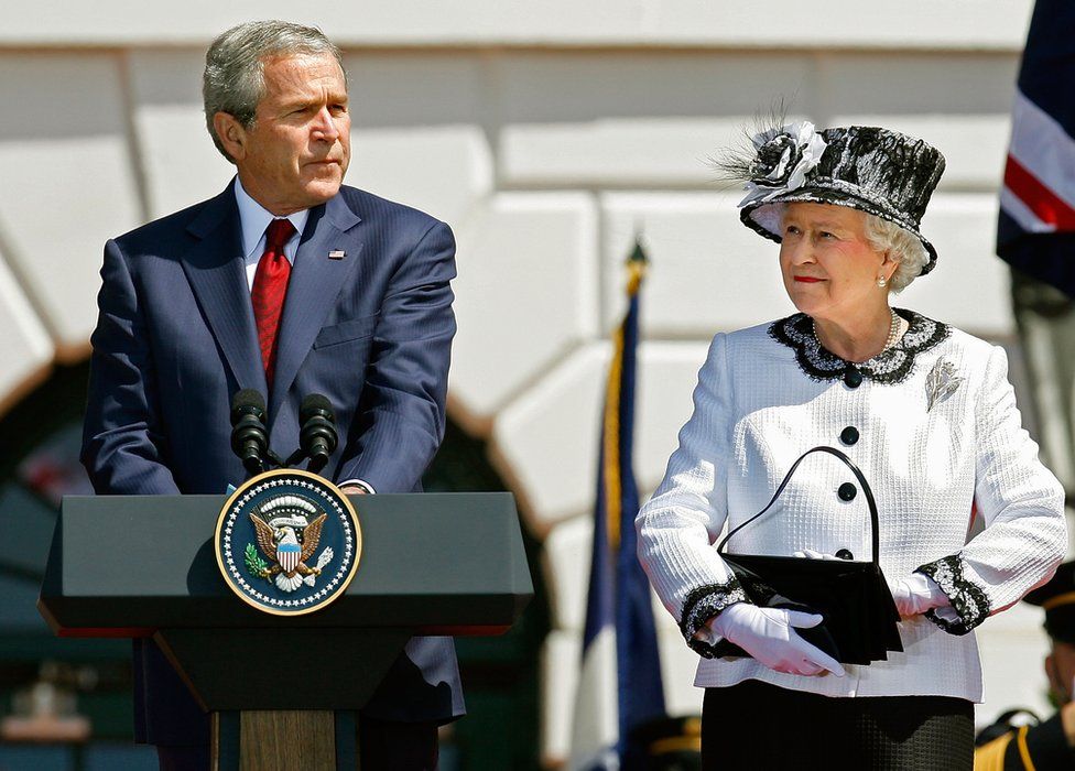 President George W Bush welcomes the Queen during an arrival ceremony on the south lawn of the White House May 7, 2007 in Washington, DC