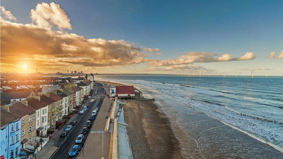 View along Redcar seafront at sunset