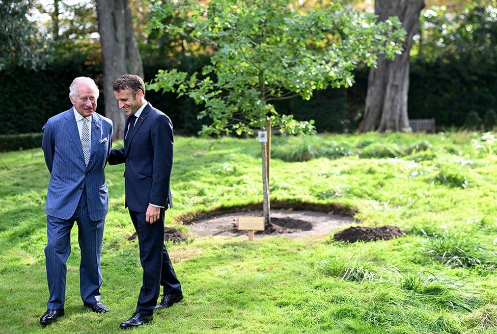 King Charles and President Macron plant an oak tree at the British Ambassador's residence