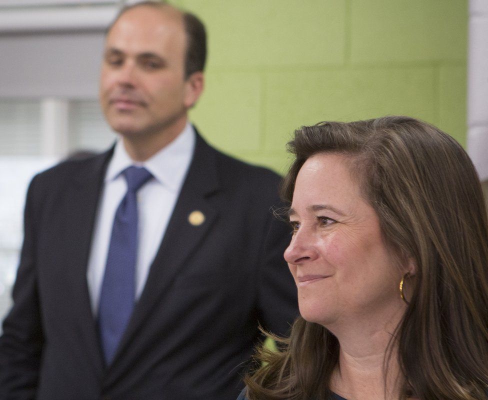 Republican David Yancey and Democrat Shelly Simonds attend a "take your legislator to school day" at Heritage High School in Newport News, Virginia, 28 November 2017