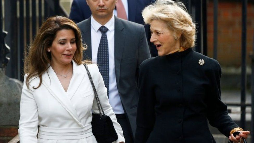 Princess Haya and Baroness Fiona Shackleton arrive at the High Court hearing in London in February 2020