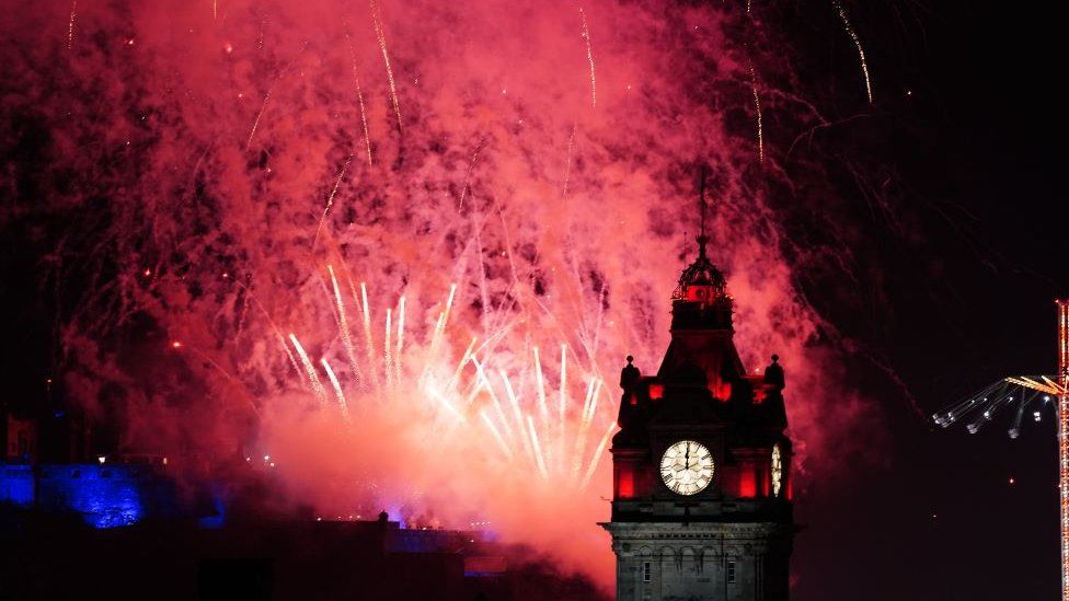 Edinburgh skyline with fireworks on New Year's day