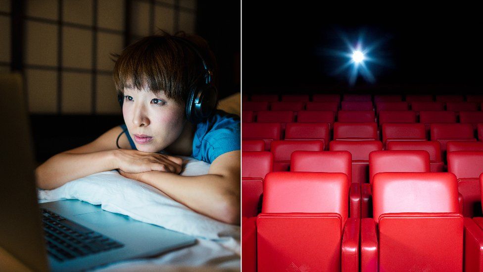 Woman streaming a film and an empty cinema