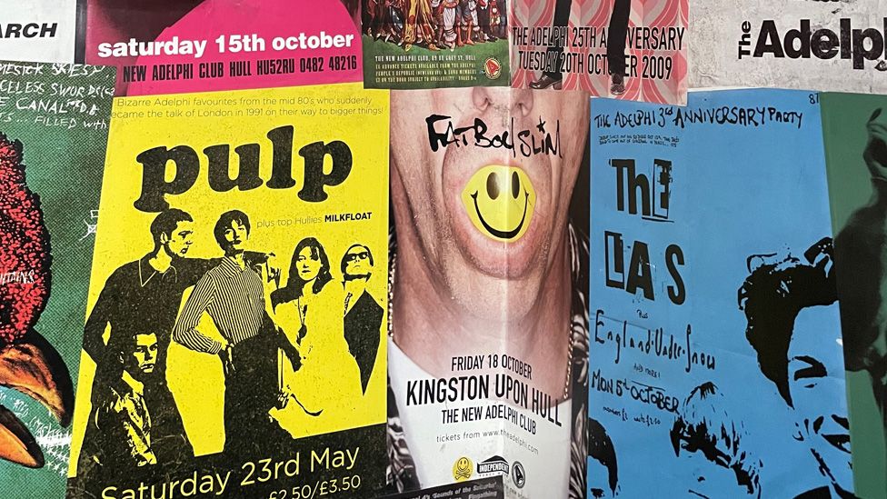 Pulp, Fatboy Slim and The La's posters on the wall of the Hull New Adelphi