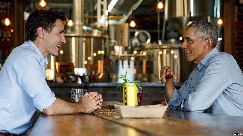 PM Justin Trudeau and Barack Obama share a beer