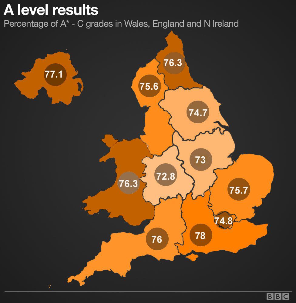 Map showing A-level performance at A* to C across England, Wales and Northern Ireland