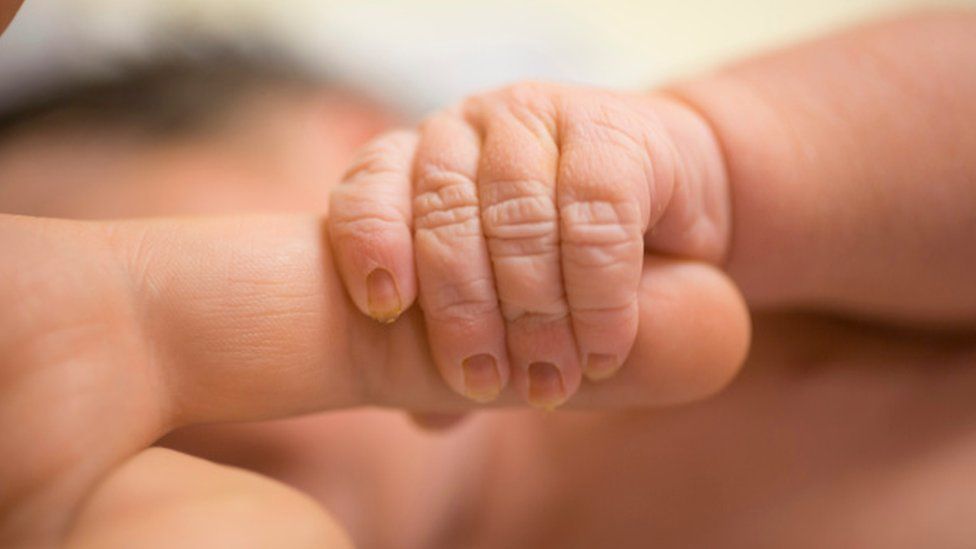 A baby's hand holding an adult's finger