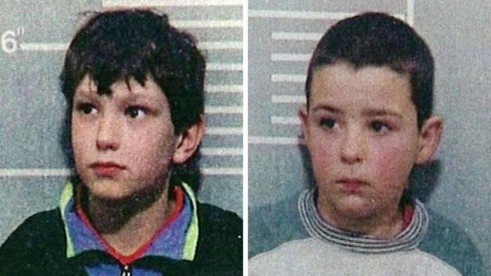 Jon Venables (left) and Robert Thompson, both aged ten at time of these photos, pose for their arrest mugshot on 20 February 1993