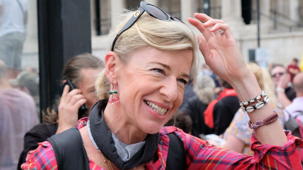 Katie Hopkins pictured at a protest against vaccine passports in Trafalgar Square 2021