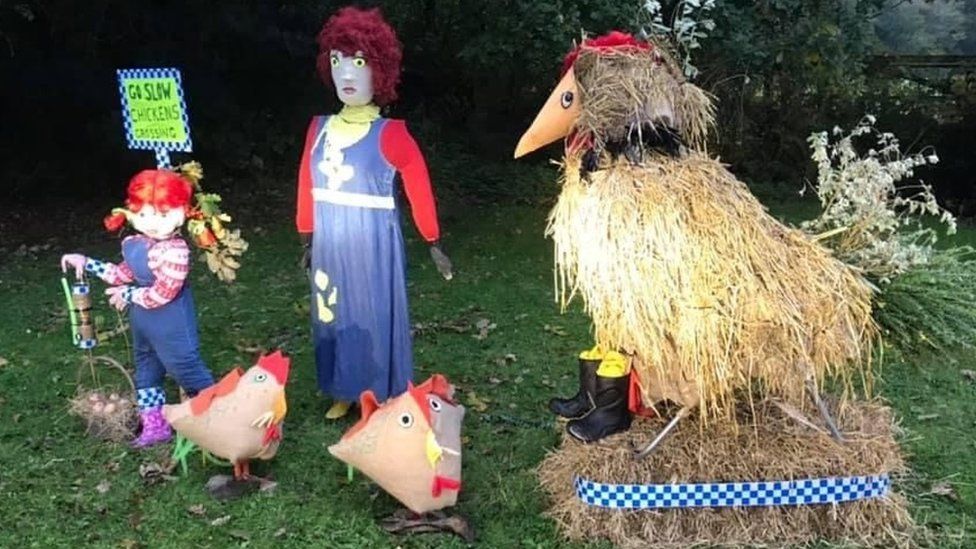 Scarecrows include chickens