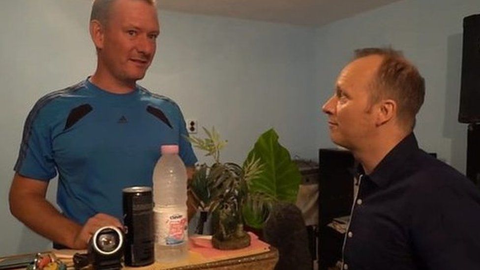 Picture of paedophile Daniel Erickson-Hull (left) being confronted by BBC Radio 4's File on 4 journalist, Paul Kenyon (right) in 2019.