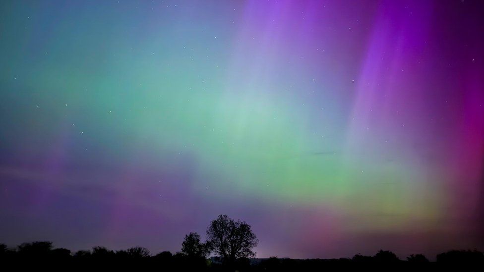 Rays of purple, blue and green shining down over trees in Kent