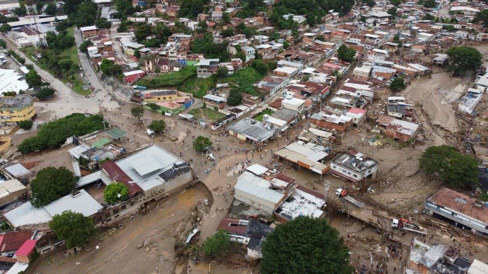 Aerial view of an area affected by a landslide, following floods due to heavy rains, in Las Tejerias, Aragua state, Venezuela October 9, 2022.