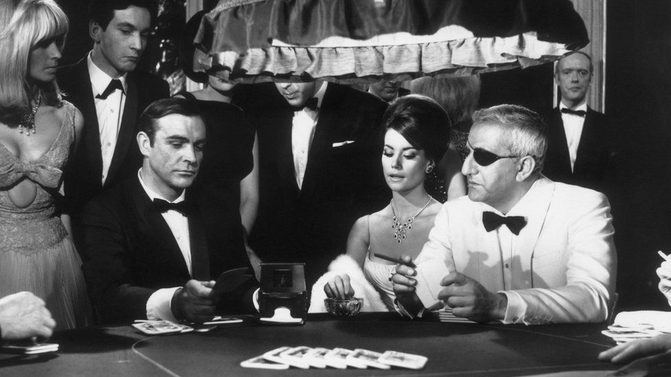 A scene from the James Bond film "Thunderball" with Sean Connery, Claudine Auger and Adolfo Celi