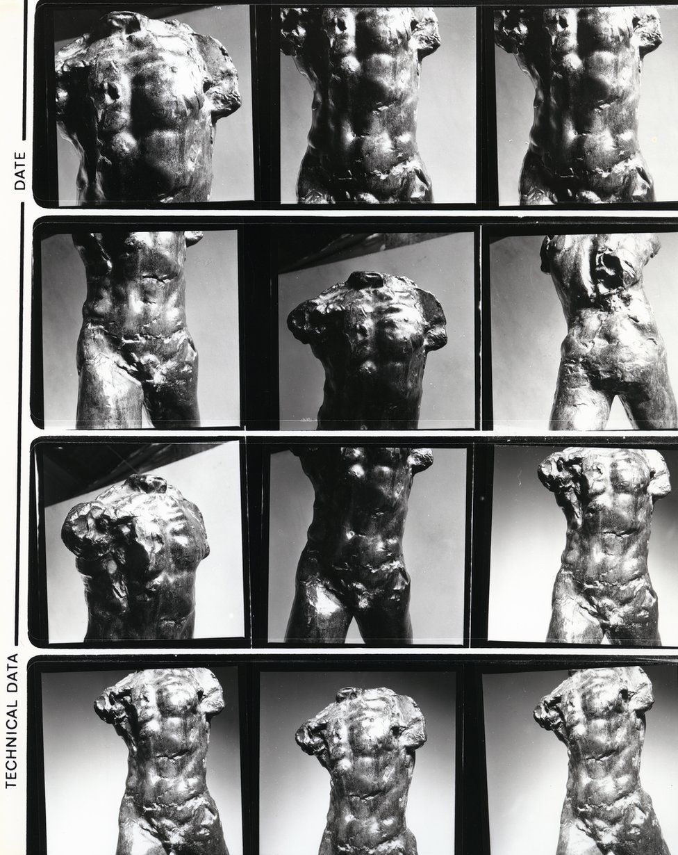 A contact sheet of photographs of a sculptor of a torso
