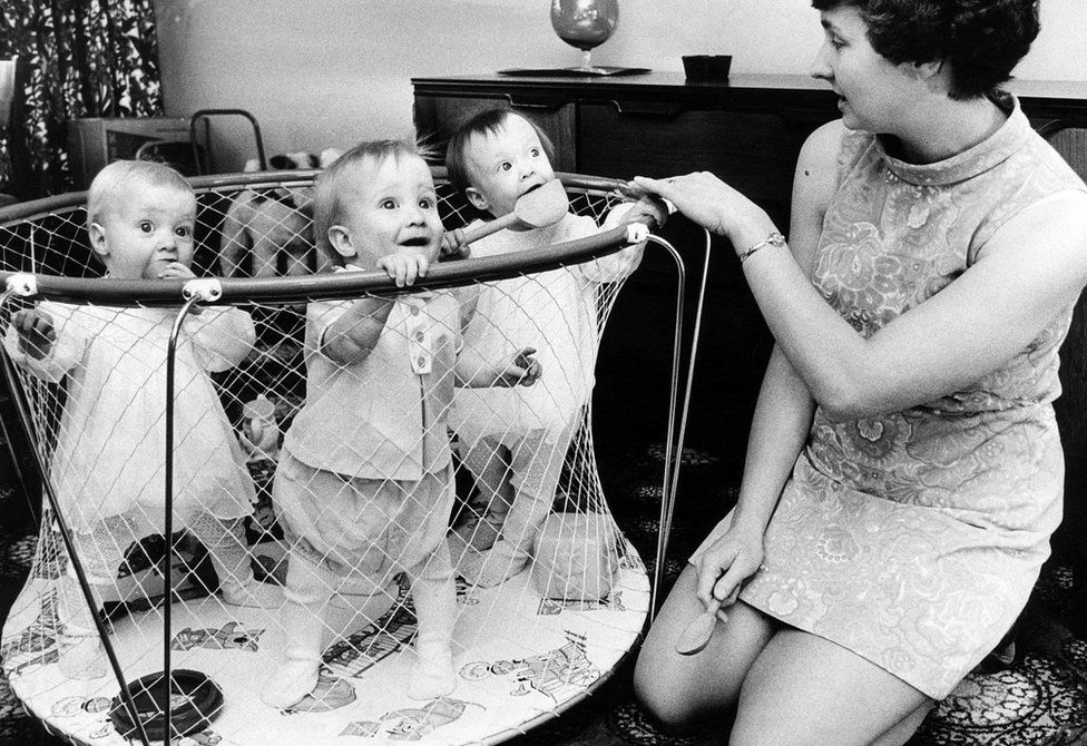 Sheila Thorns seen with three of her sextuplets in 1969