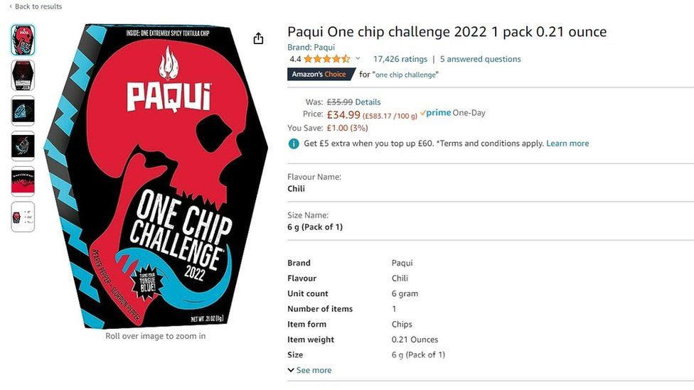 An Amazon listing for the One Chip Challenge. To the left the product's box, with the red skull and its blue tongue, is visible. To the right, the title "Paqui One chip challenge 2022 1 pack 0.21 ounce" can be seen. The product has a 4.4 star rating from 17,426 ratings, according to the page. The price of £34.99 is below, along with details of the product such as the pack weigh (6g), and "Flavour: Chili"