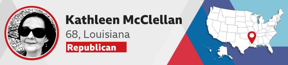 A graphic introduces Kathleen McClellan, 68, a Republican voter in Louisiana