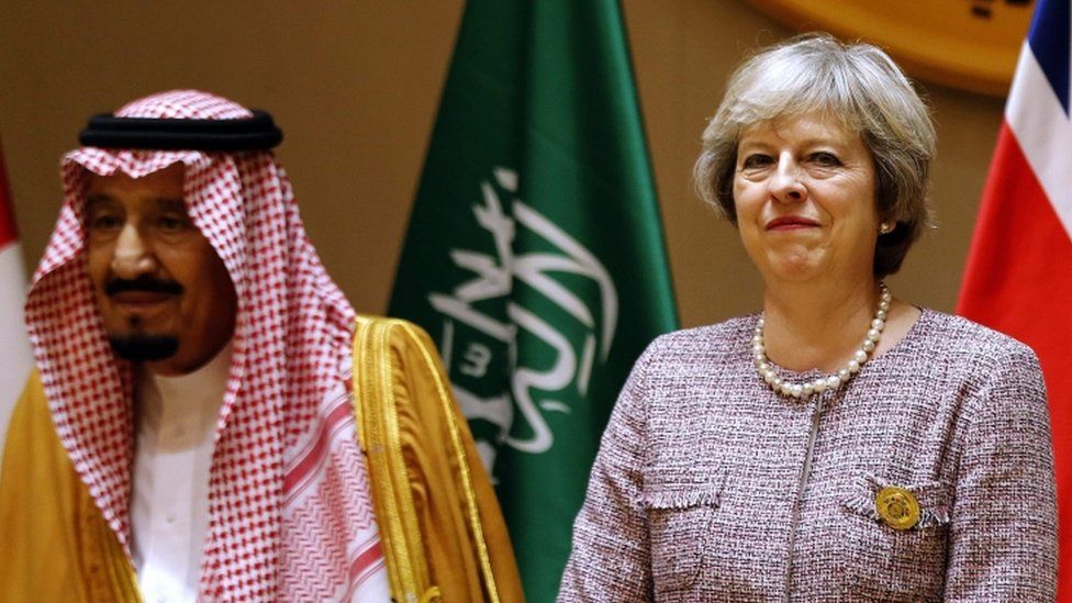 Saudi King Salman, left, and Theresa May attend a Gulf Cooperation Council (GCC) summit on December 7 2016