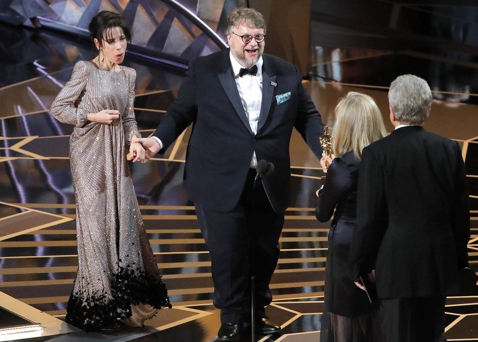 Guillermo del Toro and Sally Hawkins on stage