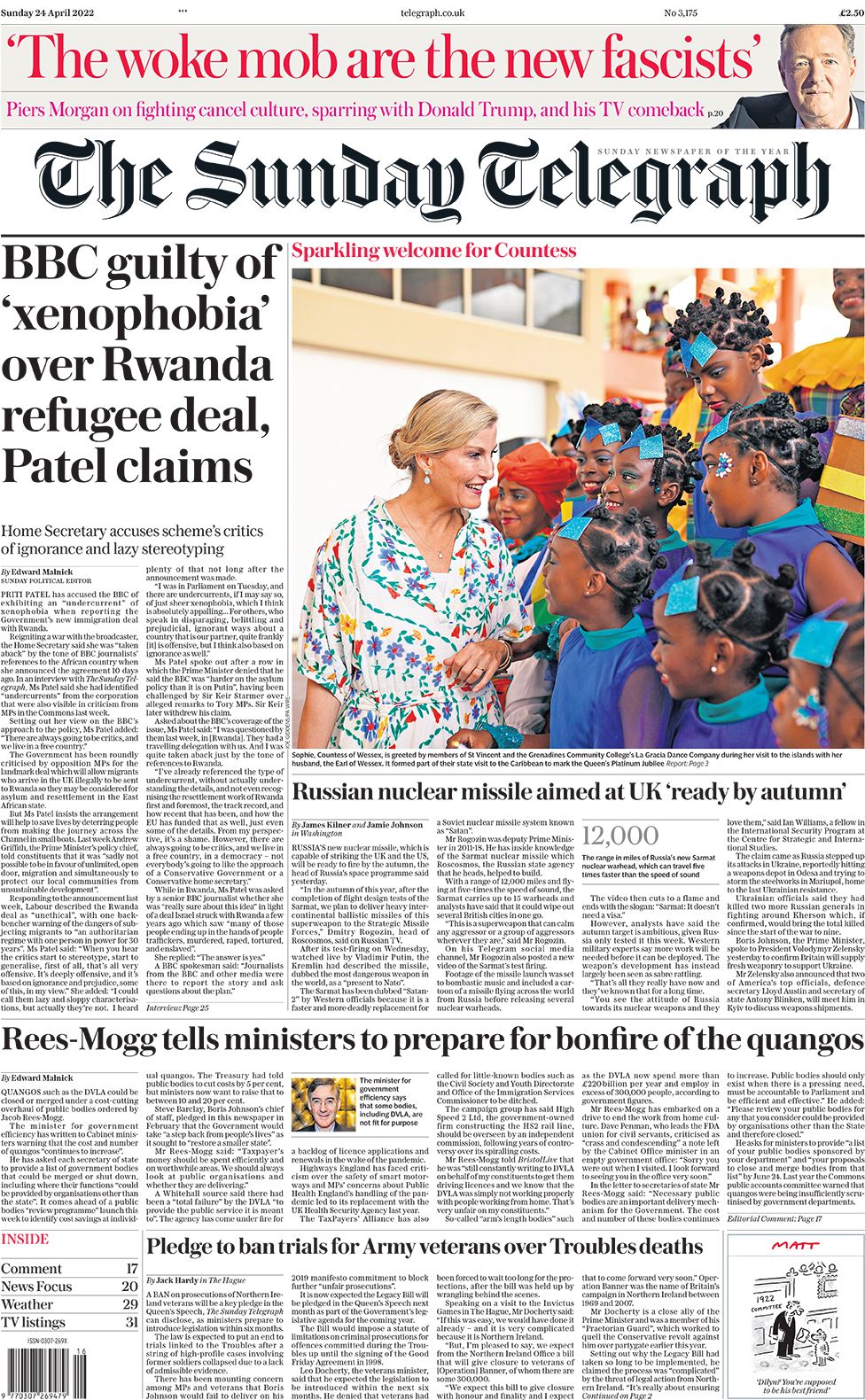 Первая полоса The Sunday Telegraph 24 апреля 2022 г.