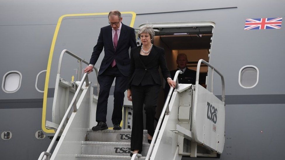 Theresa May and husband Philip arriving at CAF Bagotville airfield