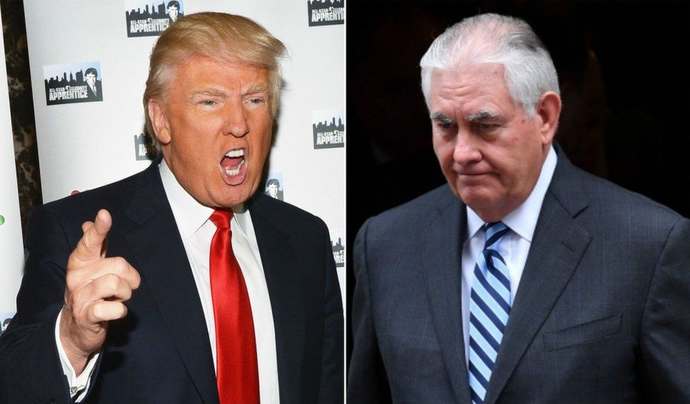 Collage photograph of Mr Trump at Apprentice event, and Mr Tillerson in a recent photograph