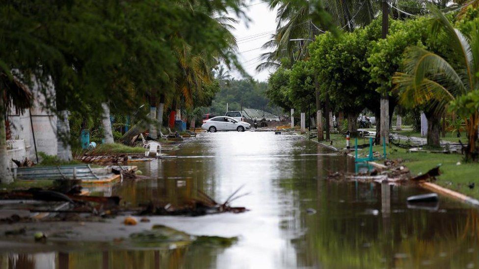 Flooded street in San Blas, Nayarit state