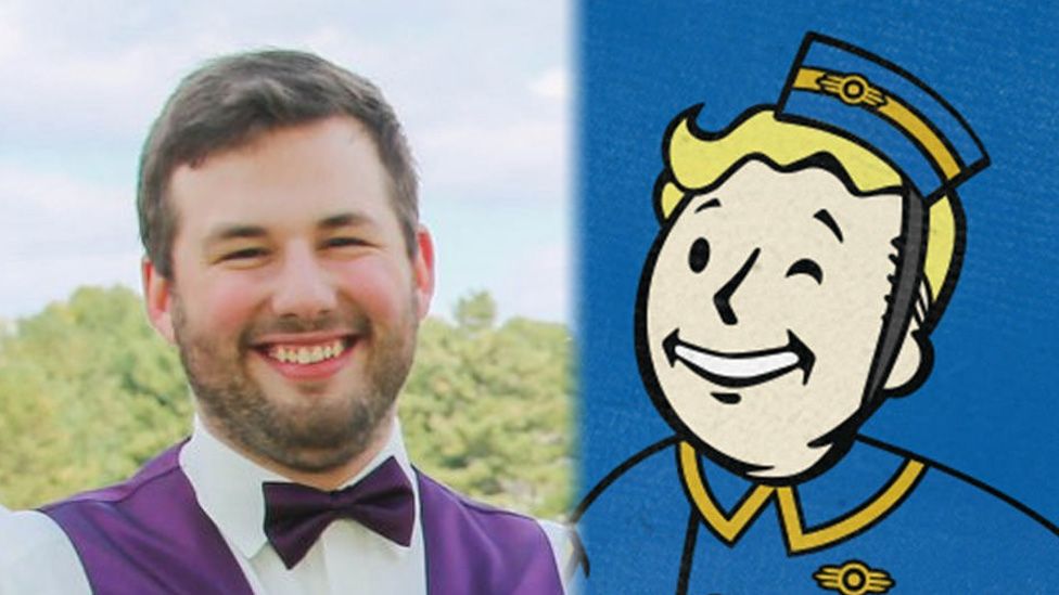 A composite image. On the left is David Chapman, he is smiling. On the right is the mascot of the Fallout series, also smiling.