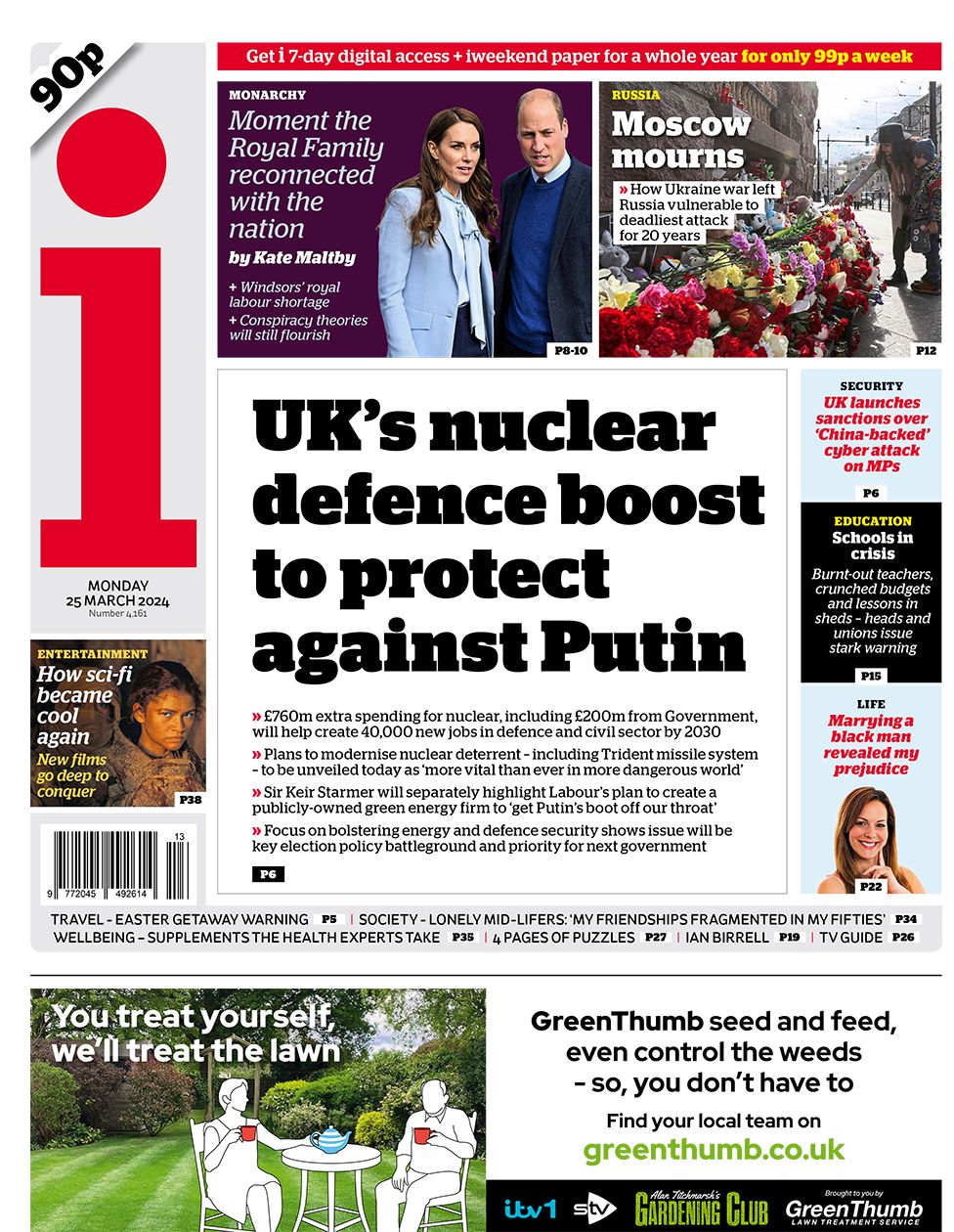 i报纸头版的标题是： "英国加强核防御以抵御普京"