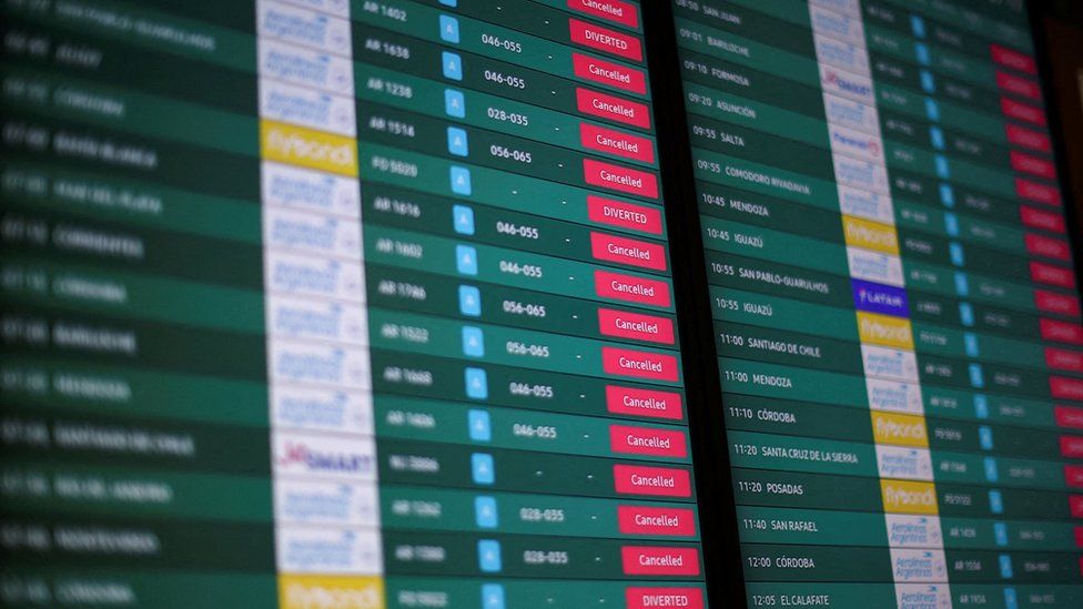 An airport display board shows cancelled and diverted flights in Buenos Aires. Photo: 9 May 2024