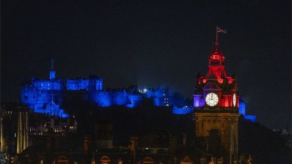 Edinburgh Castle and the Balmoral Clock seen at midnight on New Year's Eve