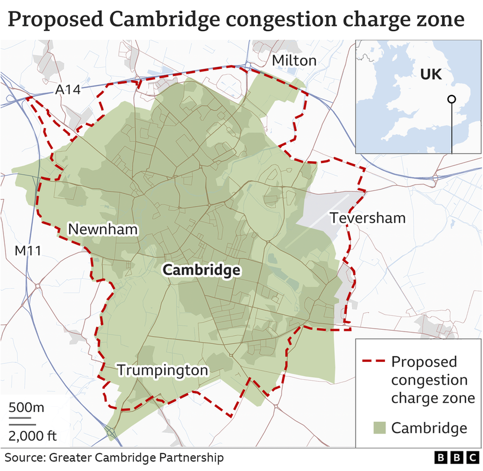 Map showing the proposed Cambridge congestion charge zone