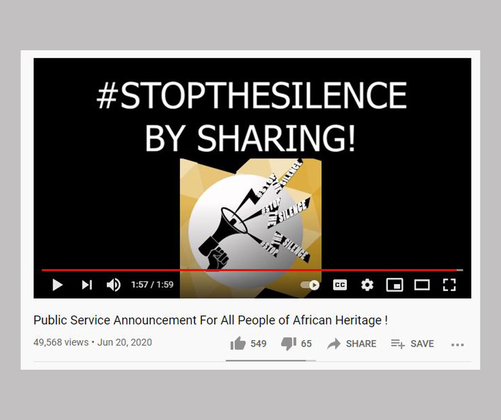 Screenshot of a video that says "Stop the silence by sharing"