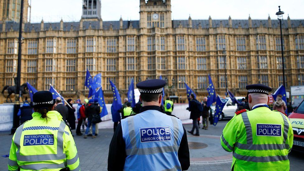 Police stand near to anti-Brexit demonstrators outside the Houses of Parliament in London