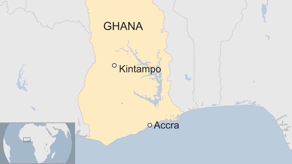 A map showing the location of Kintampo in Ghana, where the waterfalls lie