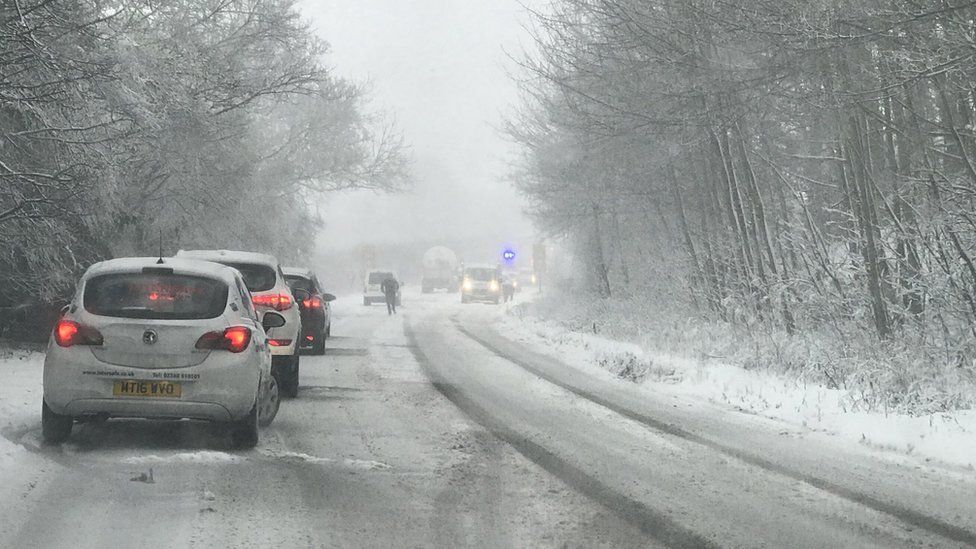 Traffic on the snow-hit A339 near Basingstoke