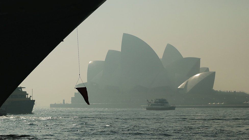 Photograph of the Sydney Opera House taken under the Harbour Bridge