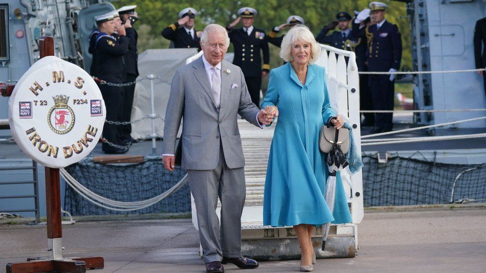 The King and Queen Camilla attend a reception on HMS Iron Duke