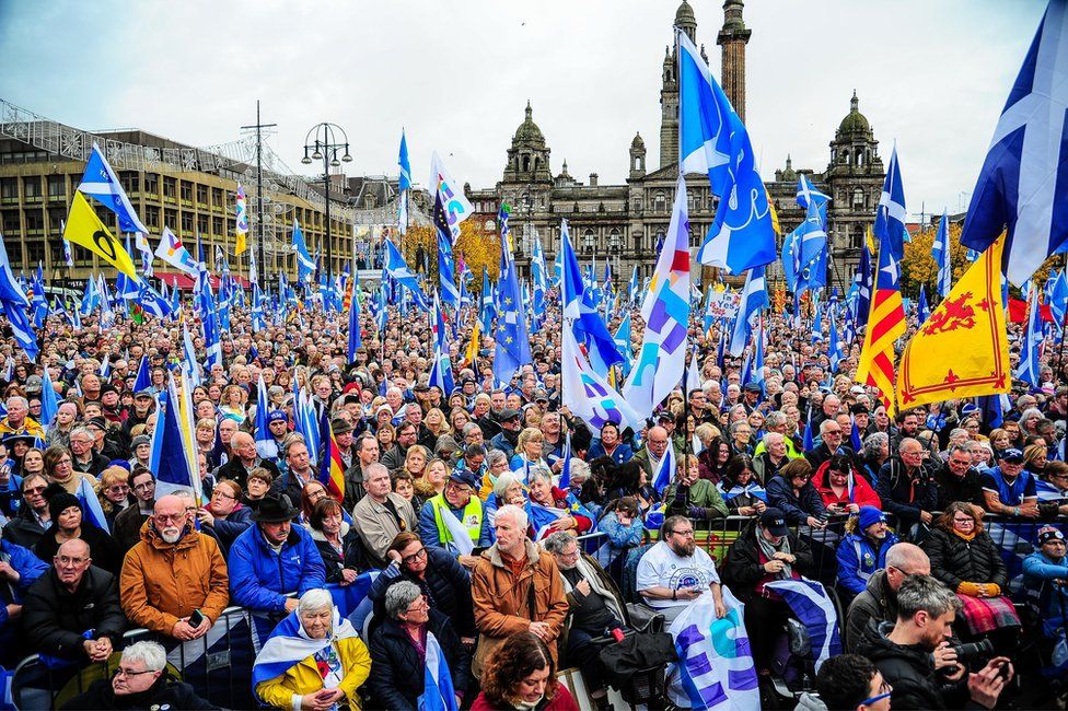 Independence supporters with their flags during the IndyRef2020 rally hosted by The National Newspaper in Glasgow's George Square on 2 Nov 19