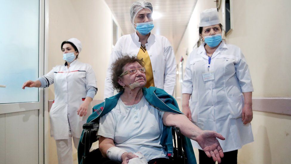 An injured woman brought to hospital in Azerbaijan