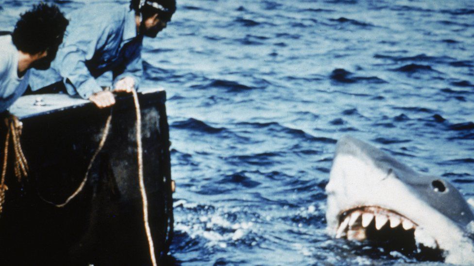 Actors Richard Dreyfuss (L) and Robert Shaw lean off the back of their boat, holding ropes as they watch the giant Great White shark emerge from the water in a still from the film, 'Jaws,' directed by Steven Spielberg. (Photo by Universal Pictures/Courtesy of Getty Images)